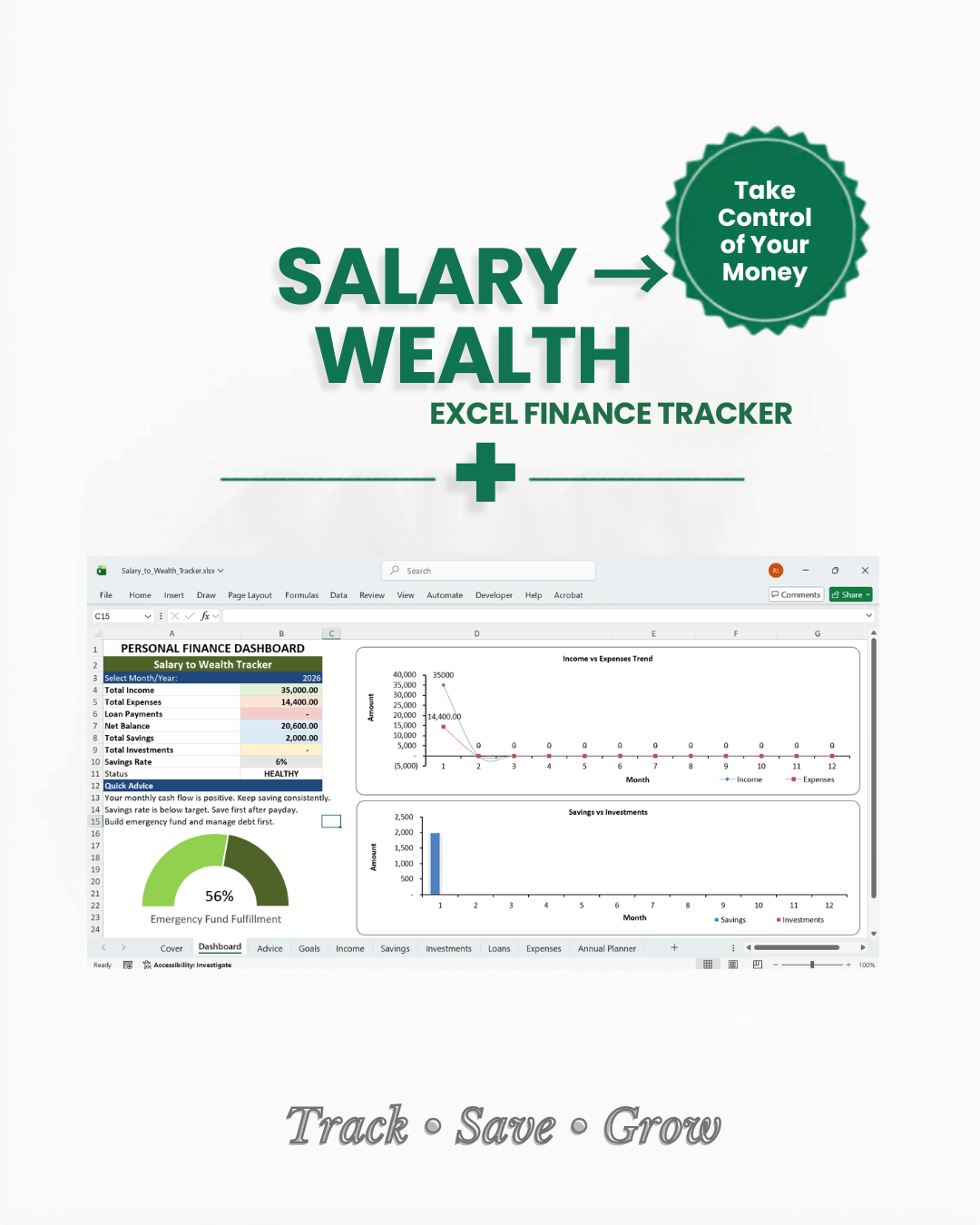 Actual Salary to Wealth Tracker Excel dashboard